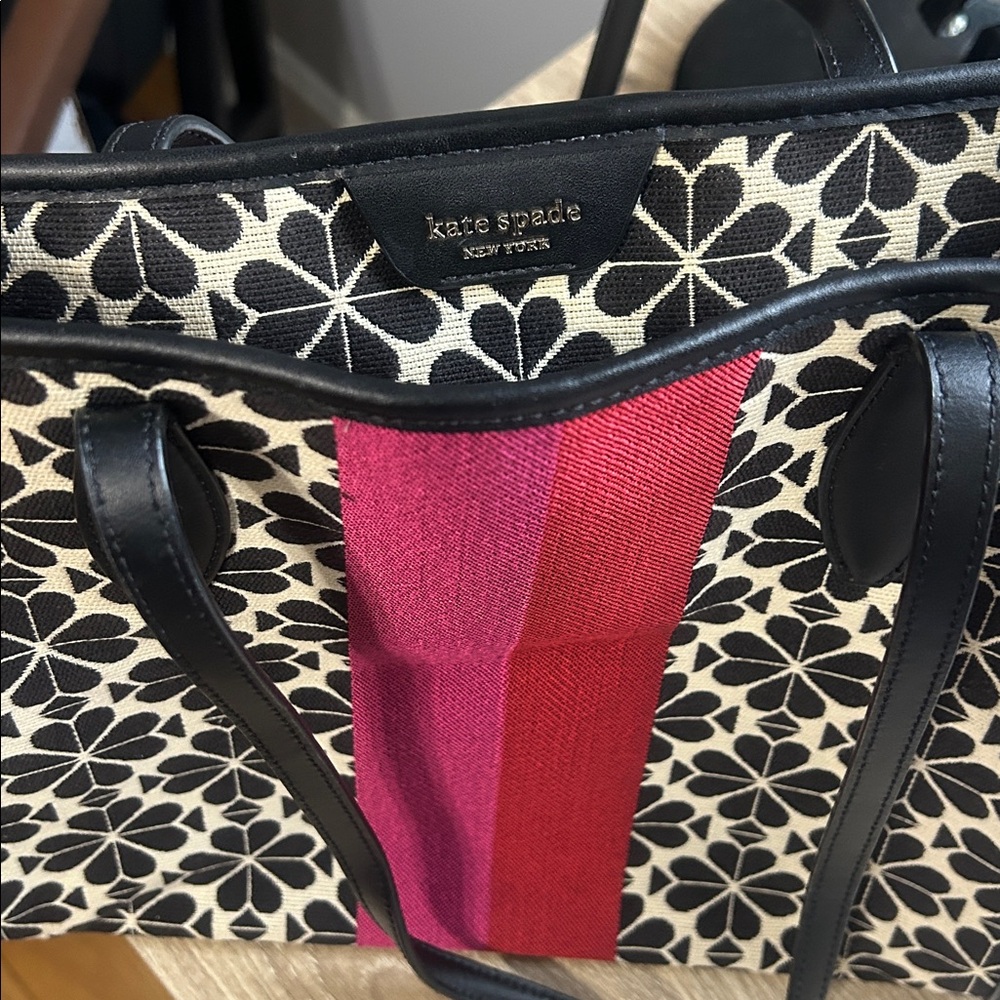 kate spade Black & Cream Floral Tote with Pink-Red Stripe